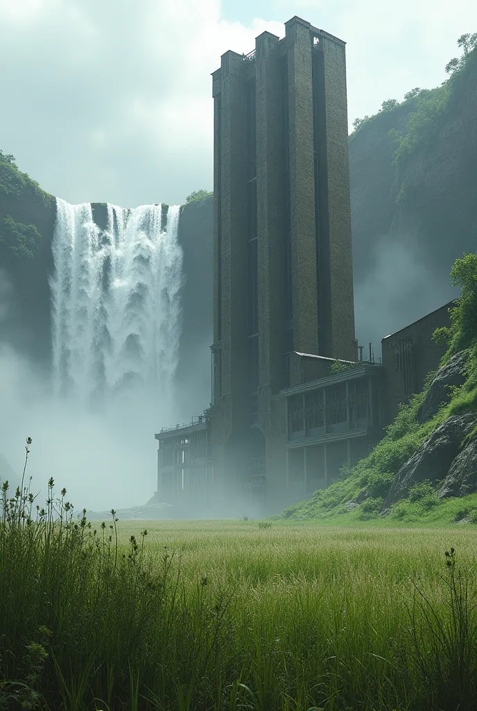 An old high-rise building near a waterfall and a field of bird grass below