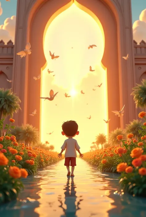 "A dreamy 3D cartoon of a  walking through the gates of Jannah, surrounded by lush gardens, flowing rivers, and golden palaces. The sky is filled with glowing light, and beautiful angels welcome him with smiles and open arms."