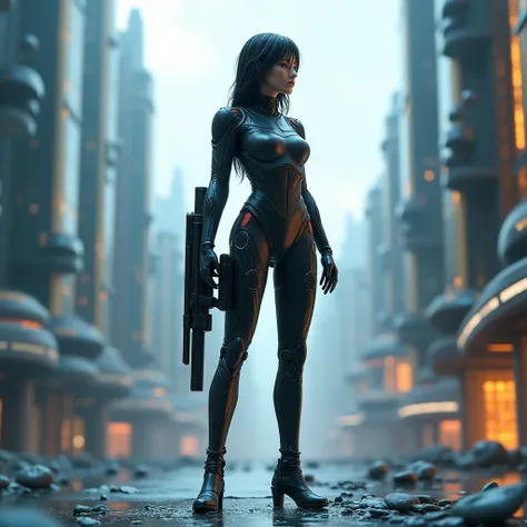 top view image, miniature world, model, futuristic woman sci-fi police, holding a rifle from the future.