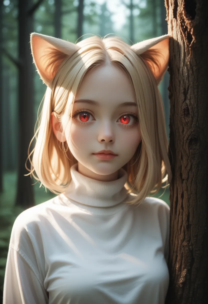 score_9, score_8_up, score_7_up, solo, peeking out, upper body, hiding behind tree, night, horror \(theme\), forest, necoarc, glowing eyes, cat ears, blonde hair, red eyes, chibi, :3, white shirt, turtleneck, looking at viewer