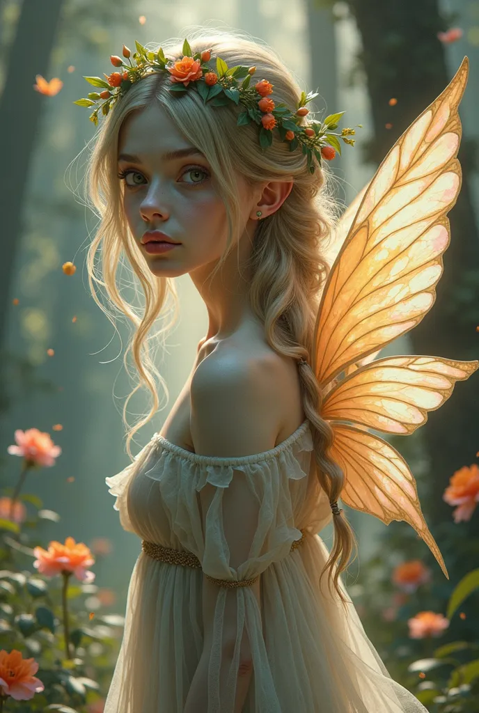 A highly detailed fantasy illustration of a magical fairy, mixing dark and enchanting aesthetics. She has a mysterious and ethereal beauty, with pale, almost ghostly skin and bright and intense eyes, creating a striking contrast with its cheerful environme...