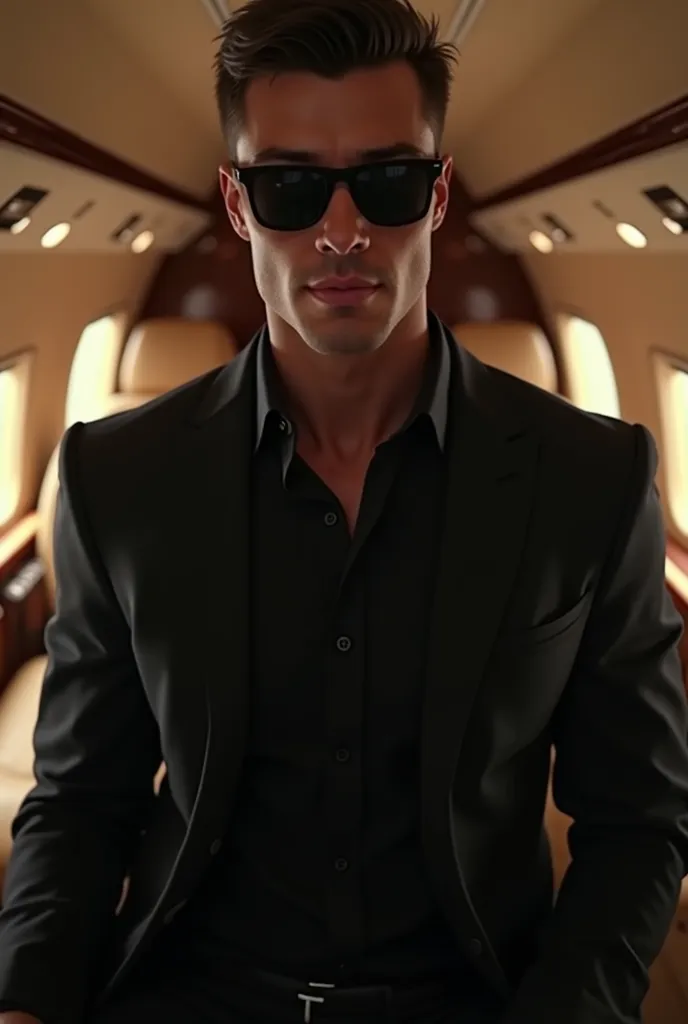 white man wearing black sunglasses with short black hair without a beard with a mysterious appearance and with an athletic bearing wearing a black suit, black blouse and black tie inside a jet in shades of brown