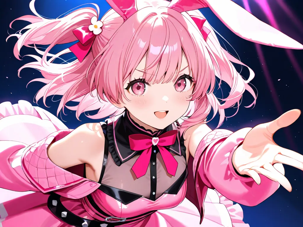 pink hair　medium hair　Malume　pink bunny ears 　pink eyes　pink dress　white black　idol　 shoulder out　Off Shoulder