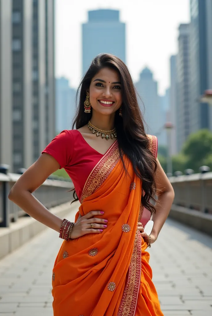 Urban Goddess": An Indian woman in a modern outfit with traditional Indian elements poses confidently in an urban setting.
Technical details: Use the cityscape as a background, to create a contrast between tradition and modernity. Play with lines and persp...