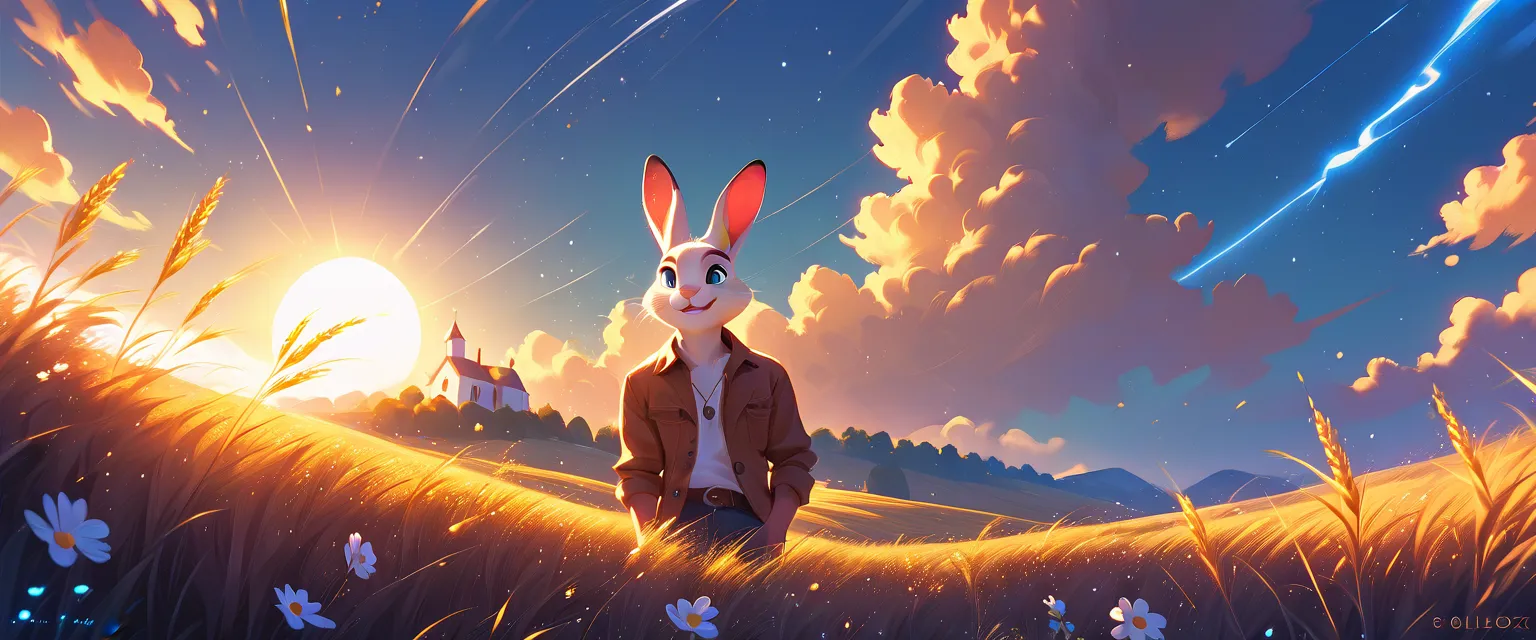 a fantastic white rabbit with blue eyes, with a sweet expression, he is lying on the country wheat field near a farm, while a golden sunset over the flowers hill during a dark thunderstorm