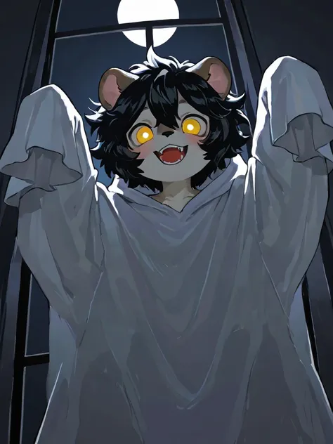 source_ furry， furry male，elementary school students，((boy  )),lion boy  ,Dog ears，short hair,masterpiece, newest,absurdres, incredibly absurdres, bright eyes, detailed eyes,short hair,  messy hair, blush,  laugh, head tilt，ghost costume, messy hair,  expr...