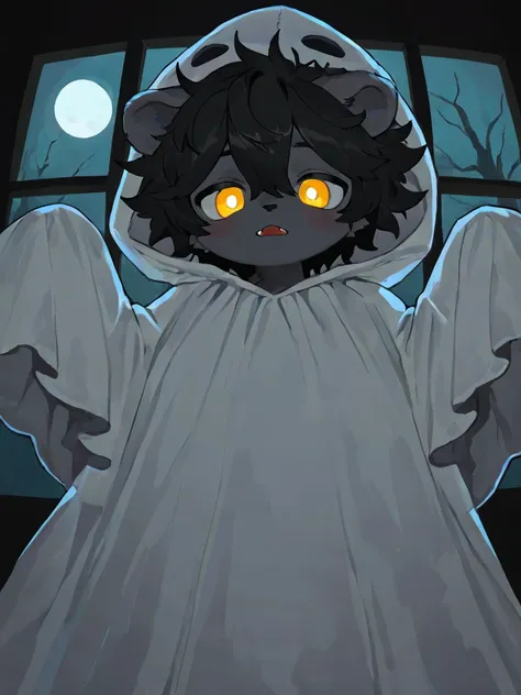 source_ furry， furry male，elementary school students，((boy  )),lion boy  ,Dog ears，short hair,masterpiece, newest,absurdres, incredibly absurdres, bright eyes, detailed eyes,short hair,  messy hair, blush,  laugh, head tilt，ghost costume, messy hair,  expr...