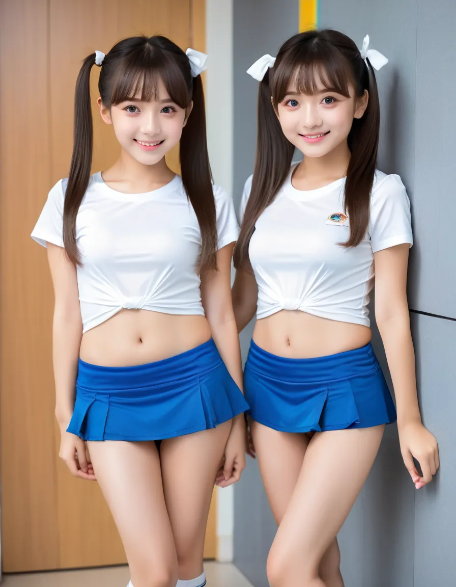  masterpiece ,   top quality, (Little person syndrome,   is short,  short limbs ,   short,  thin hands and feet, 80cm long ,   thin shoulders,  small head ), (((  2 girls,   elementary school student, Very young face,   No makeup,  American Girls , smile, ...