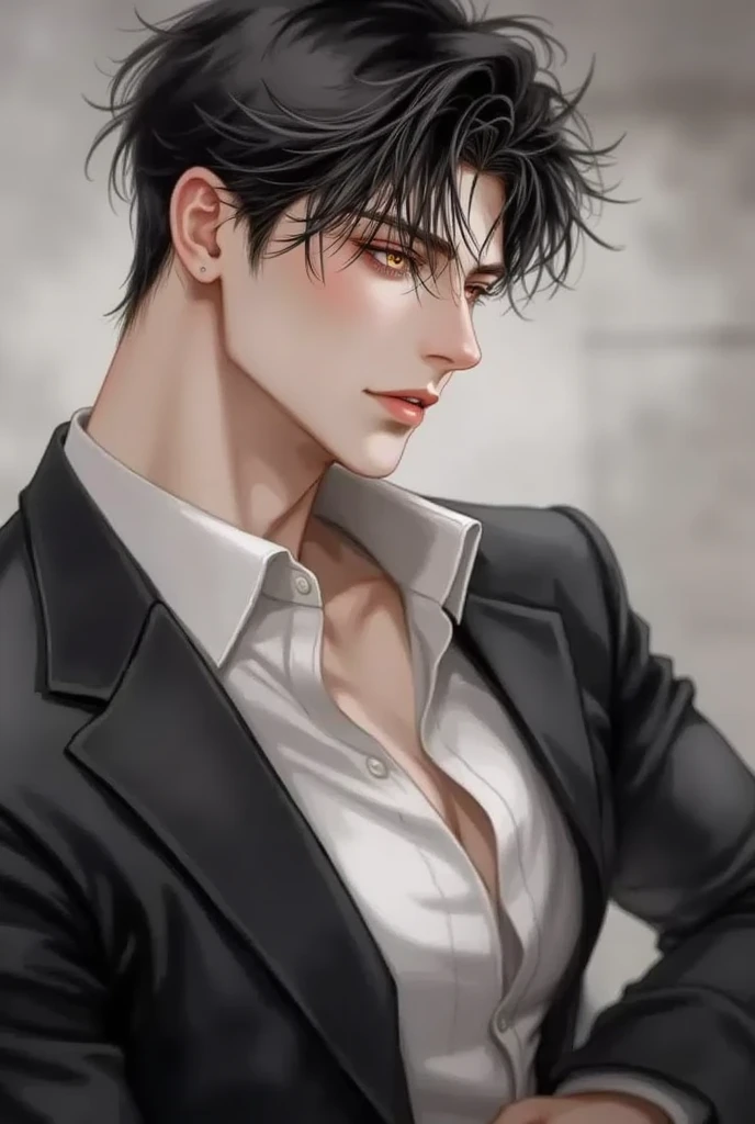 ( Masterpiece ), (Better quality),  1 person, One, male, Unkempt black hair,  dreamy eyes , amber eyes, expressive facial features,  Muscular, Modern student, modern uniform, arrogant, confident, playful, classroom background, forehead, majestic, aesthetic...