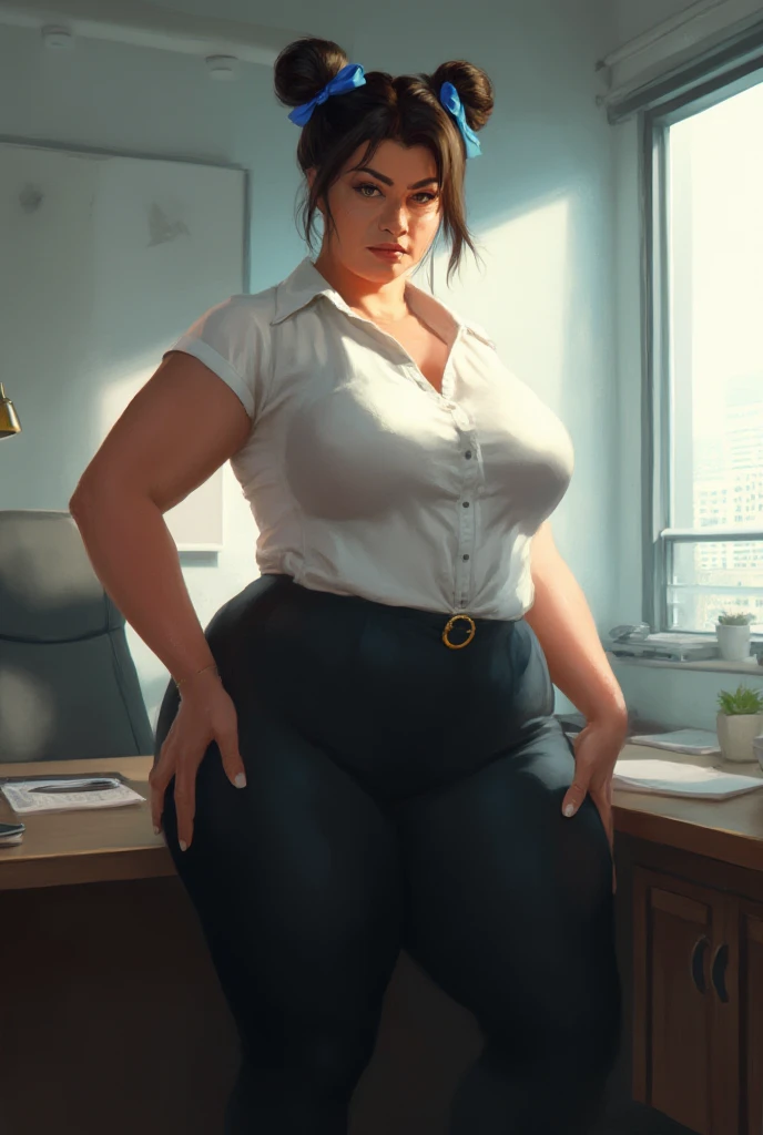 "A highly realistic digital painting of Chun-Li, reimagined as a 45-year-old, tall, and extremely voluptuous woman preparing for an office job. She retains her iconic twin-bun hairstyle with blue ribbons, emphasizing her strong yet feminine presence. Her f...