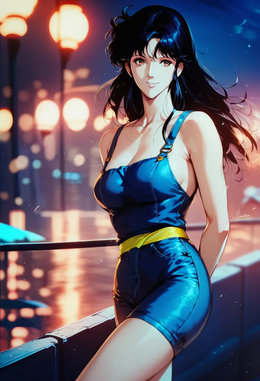 1girl,  , tight clothing , blue_overalls_yellow_ belt,leans forward,  smiling , seductive, hands behind your back, Night, cityscape, blurred background, depth of field, lighting, BREAK check_9, check_8_ upwards, check_7_ upwards, check_6_ upwards, check_5_...