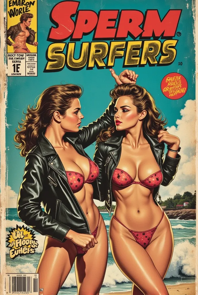 classic comic book cover “SPERM SURFERS” 50s aesthetic, bold font, classic comic book font, stroke embossed border, age beach bums, juvenile delinquints, greasy hair styles, porno lesbians, making out, retro bras and panties, blowjobs, erotic vibe, torn  c...