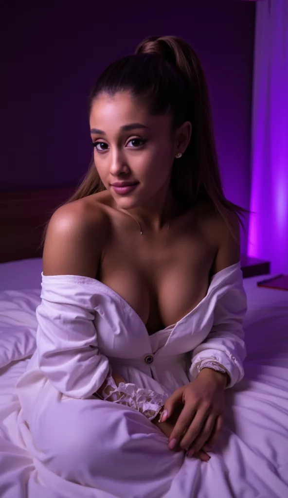 Natural portrait of Ariana Grande. Masterpiece, professional, better quality, sharp, very detailed, very detailed, high resolution, complex, clear. She shows her breasts artistically, very seductive, erotic, woman sitting on bed, doggystyle ass, she is wea...