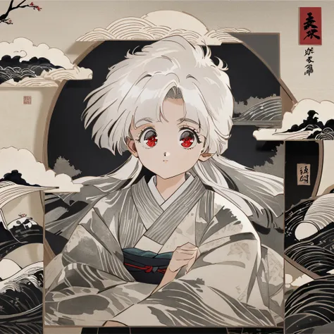 monochrome, pencil drawing, sumi-e, ink painting, Ukiyo-e, Japanese painting, woodblock print, fusion of watercolors and oil paintings, fusion of paper cutting and shadow puppetry, kimono,cute girl, 170 AD to 248 AD, landscape images and effects from that ...