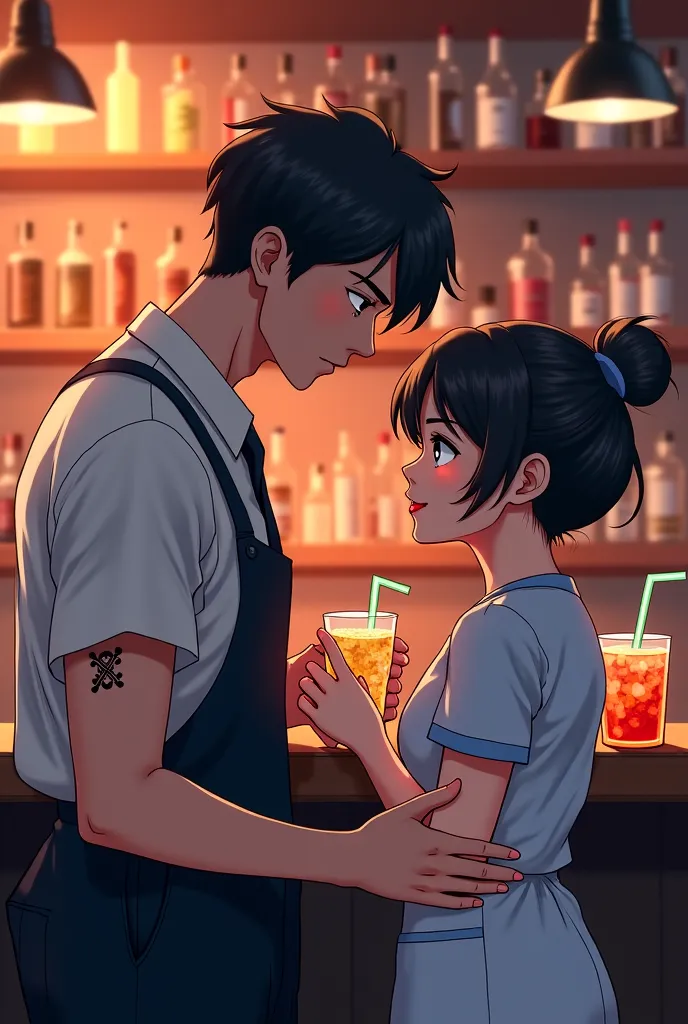 anime bartender half chinese with minimal tattoo 180cm hug nurse half pakistan short hair 160cm