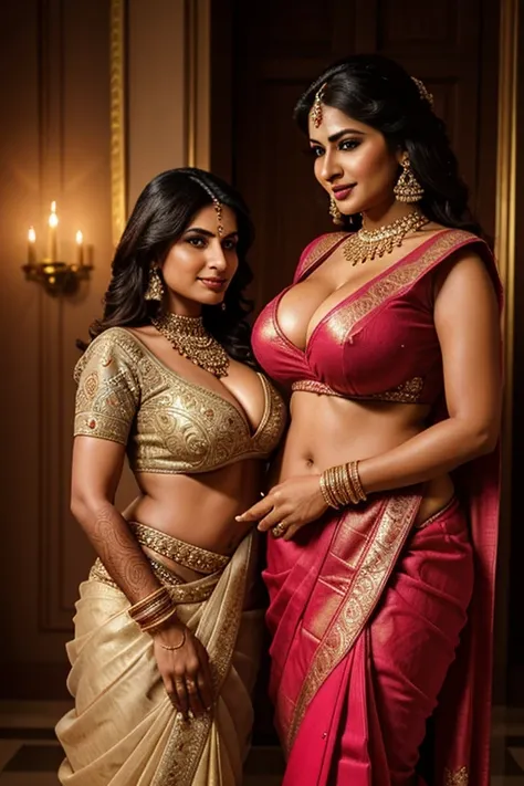 30 year old indian milf savita bhabhi with 19 year old daughter in Saree, seductive devilish smile,western wedding bride dress full transparent, figure average BBW MILF, big unrealistic gigantic breasts, hanging breasts, saggy breasts, photorealistic, deta...