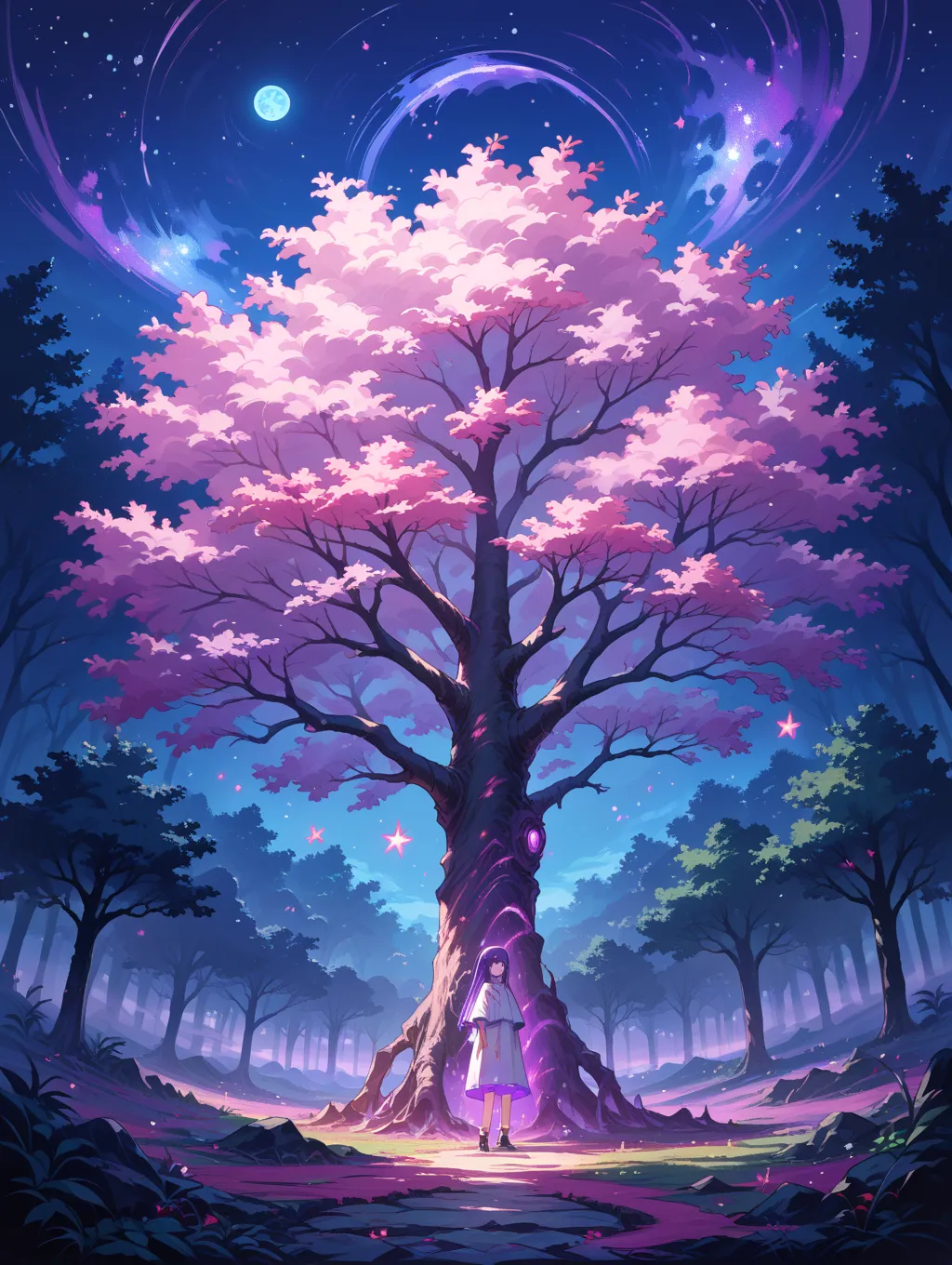 source_anime,,mixed Korean, Surreal night ,purple hues,starry night,glowing edges,mystical,high contrast, tree sakura