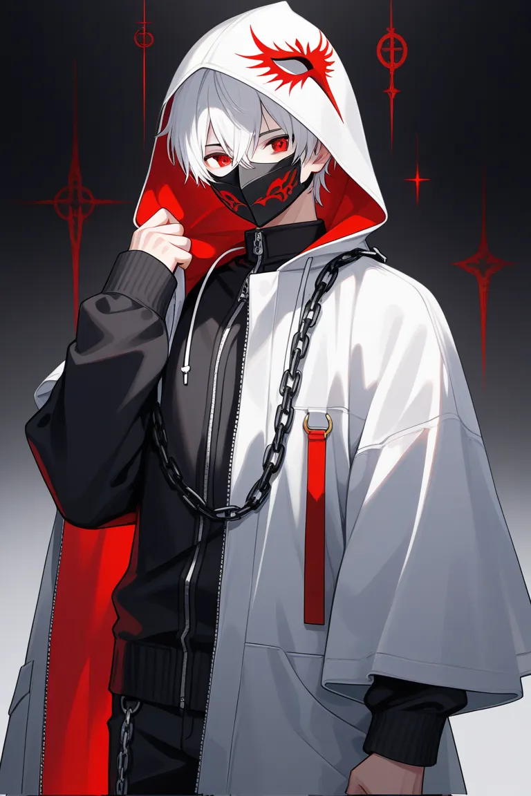 boy with a white hair, red eyes, with a hooded jacket on his head , a mask, with a chain that has a cross at the end