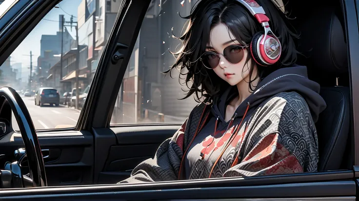 (( CG unit extreme detail 8k , masterpiece, high resolution, Highest quality, Highest quality real texture skin)), (wearing Japanese-patterned headphones), (( 1 girl  )), (((Listening to music in a car))), ((( sunglasses))), ( Japanese patterned hoodie , j...