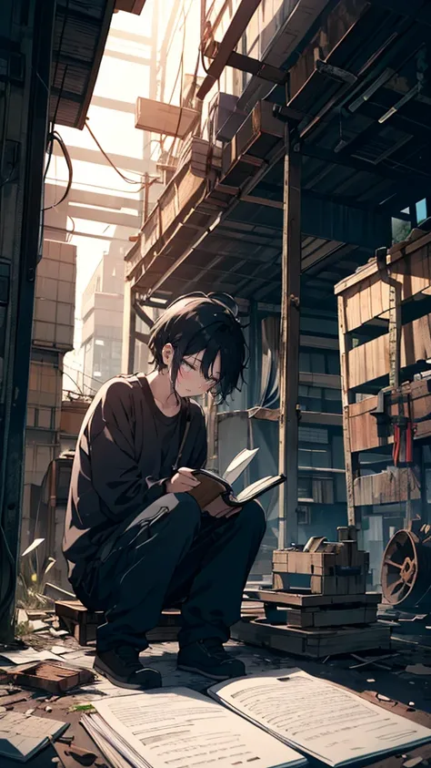 A young boy with short neatly trimmed black hair, wearing glasses, sitting on a rusted metal crate in an abandoned factory, holding an old notebook filled with cryptic symbols and notes, adjusting his glasses as he studies the text under the dim glow of a ...