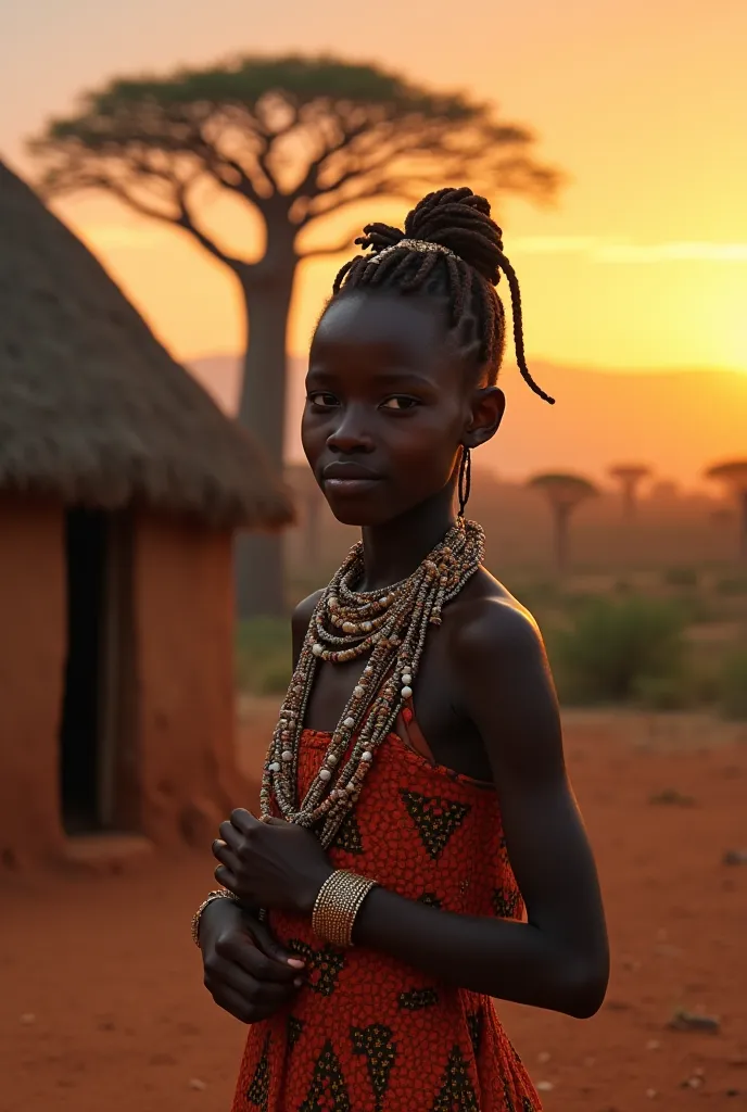 Adjoa, a courageous young girl with beaded braids, clutching her ancestral necklace in front of the family hut at sunrise, the ochre hills of N’Goré in the background. At her feet, scattered kola seeds and the ominous shadow of the Baobab of Souls on the h...