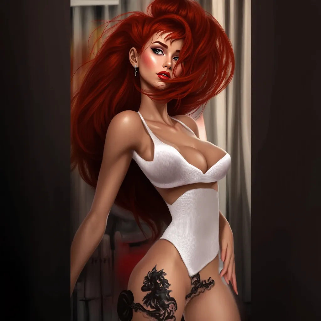 we will see, that she has a cute face and sexy outfit, check_9,check_8_  upwards,check_7_  upwards,1girl, Sorry : One,  indoors ,cowboy shot ,   seductive body  ,  red hair ,  white bodysuit 