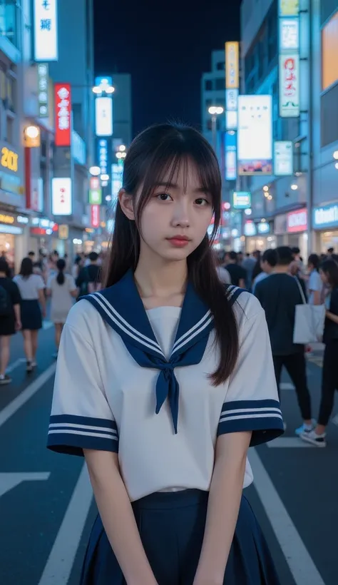 real japanese high school girls,shibuya streets,photorealistic,8k,masterpiece,detailed facial features,school uniforms,various poses,natural expressions,city background,crowded streets,shop signs,neon lights,modern architecture,blue hour lighting,cinematic...