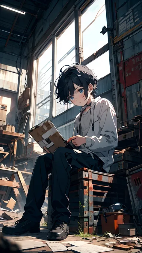 A young boy with short neatly trimmed black hair, wearing glasses, sitting on a rusted metal crate in an abandoned factory, holding an old notebook filled with cryptic symbols and notes, adjusting his glasses as he studies the text under the dim glow of a ...