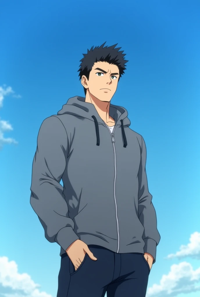  Anime style. Anime muscular guy 25 years old with black hair.  It's against the blue sky. the guy standing . He's full length.He is wearing a gray zippered sweater.  The guy raised his hands. The guy is serious