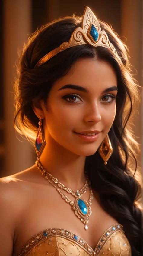 Close-up portrait of a radiant princess inspired by the Aladdin theme, adorned with intricate, jeweled hair accessories and flowing, dark tresses. Her elegant, extended V-shaped neckline is embellished with golden patterns, complementing her regal presence...