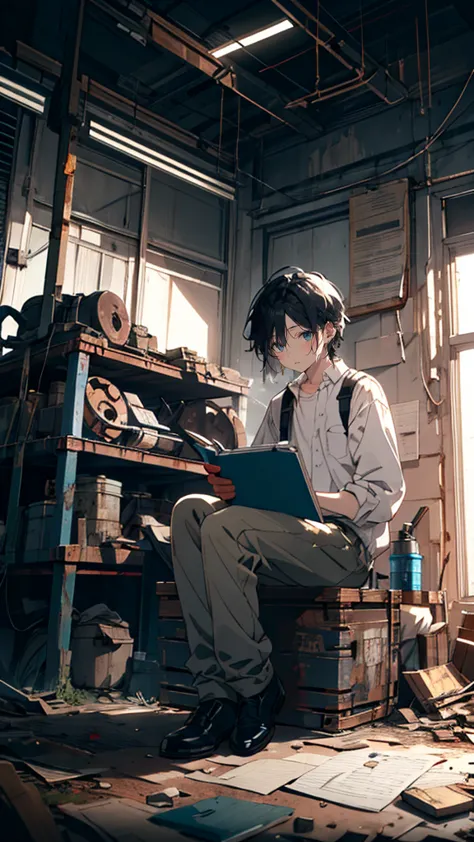 A young boy with short neatly trimmed black hair, wearing glasses, sitting on a rusted metal crate in an abandoned factory, holding an old notebook filled with cryptic symbols and notes, adjusting his glasses as he studies the text under the dim glow of a ...