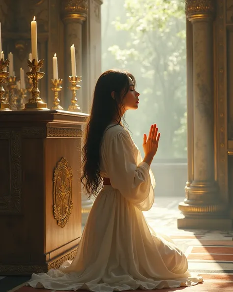 Young lady kneeling before God at the altar as the reference but more natural and with loose hair 