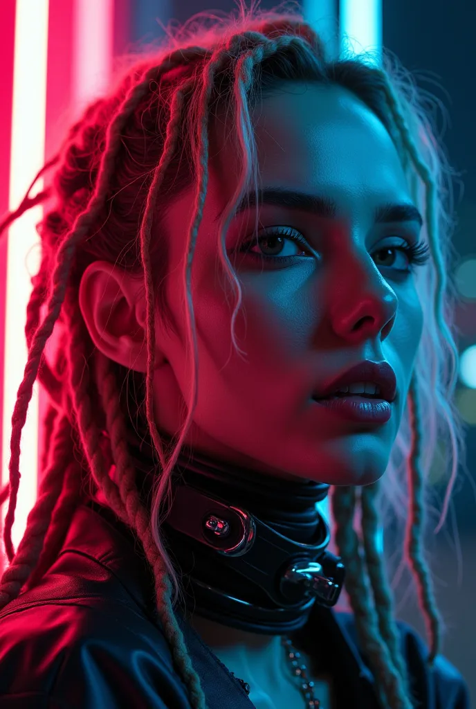 ((RAW photo),  absurd, (absurd resolution)), masterpiece, Best Quality, (Extremely detailed 8k unit CG wallpaper), (best illustration), ( best shade ), Realistic lighting, neon and handsome glow, ((60)),  granny, latina, cabelo em dreadlocks , Cybernetic I...