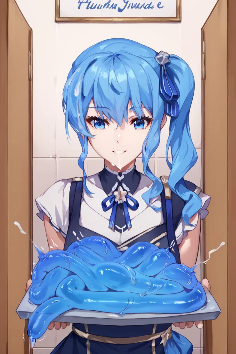 class9, class_8 up, class_7 up, masterpiece, ultra high quality,  HoshimachiSuisei, side ponytail, blue hair ribbon, personality excreted, expressionless, slime \(substance\), holding slime, shivering slime,  blue slime, bukkake,at the toilet, holding tray...