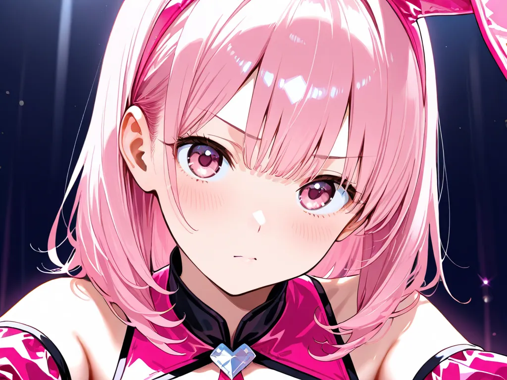 pink hair　medium hair　straight hair　Malume　pink bunny ears 　pink eyes　pink dress　white black　idol　 shoulder out　 posing 　viewers