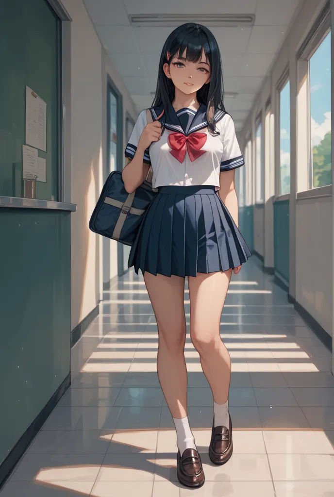 Make an anime girl with black hair, in school uniform and in full body 