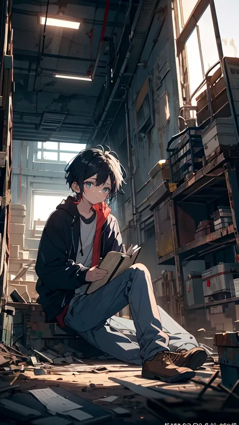 A young boy with short neatly trimmed black hair, wearing glasses, sitting on a rusted metal crate in an abandoned factory, holding an old notebook filled with cryptic symbols and notes, adjusting his glasses as he studies the text under the dim glow of a ...