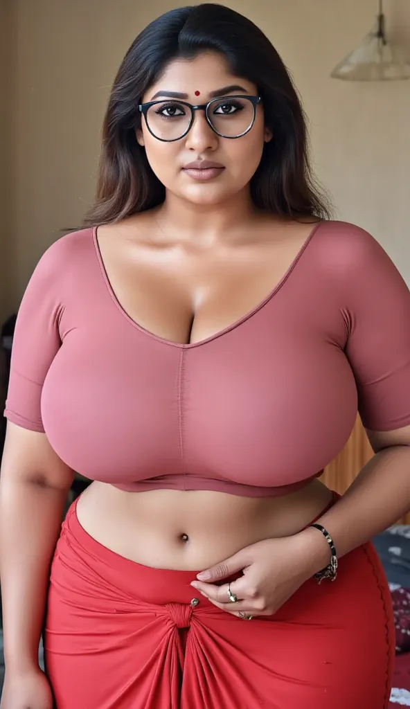 woman with thick curvy mom body physique, woman with a small black dot bindhi and red sindoor, woman wearing a transparent spectacles, woman with black single plaited hair, woman looking at camera, woman looking at camera, woman wearing half shoulder blous...