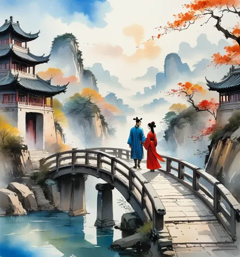 The sky is the background，The background color is less saturated，A man and a woman meet on a bridge，The painting style is more ancient Chinese，ink and watercolor painting，Vision