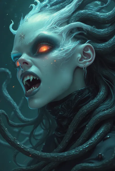 iridescent eyes, scary and sexy detailed art in color, Portrait, (beautiful and obscene female alien:1.4), (vulgarity1.7), (Translucent white skin:1.4), (There is a female genital-like organ in the middle of the forehead:2.3), (The most beautiful face in t...