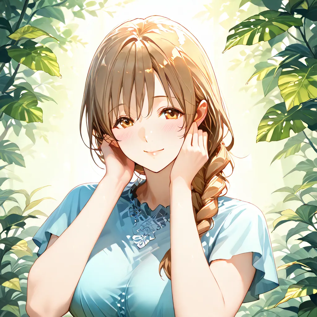 A heartwarming anime-style illustration of a loving mother and her daughter embracing each other in a lush green outdoor setting. The mother has long brown hair styled in a loose braid, warm brown eyes, and wears a simple yet elegant white dress with long ...