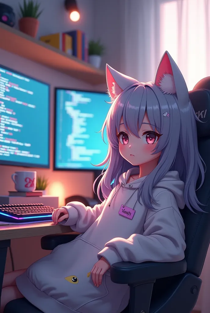 "An  young girl named Xynsia, has a half-cat race with soft furry cat ears on her head. Her hair is long and slightly messy, showing a very cute lazy expression.
She is wearing an oversized pastel hoodie with a name tag that says her name, a little too big...