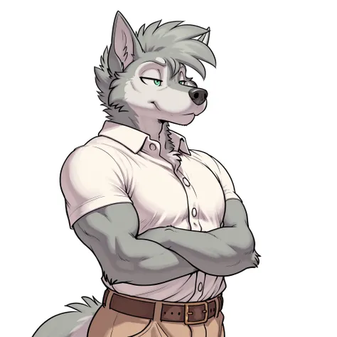masterpiece, best quality, amazing quality, anthro wolf, male, solo, green eyes, silver fur, short hair, tall man, head focus, white button up shirt, athletic, muscly arms, focused, white background, ager, arm crossed, muscular, belt, brown pants