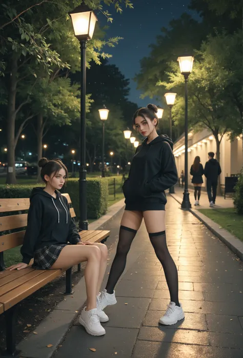 Beautiful Girl, in a short black skirt, Black stockings on legs , white sneakers,   black hoodie , black hair gathered in a careless bun, blue eyes,  background, Park, Night,  street lighting 