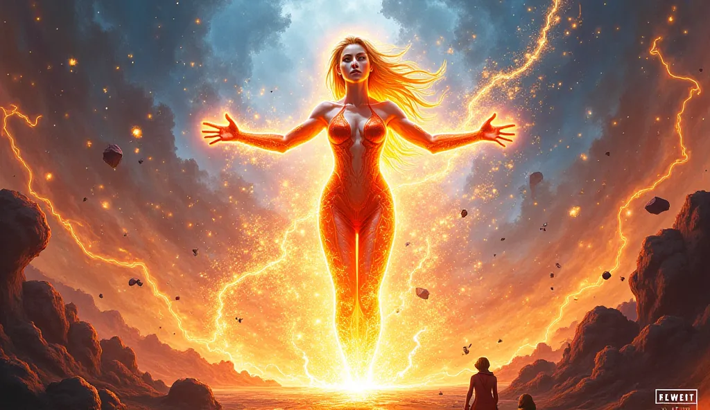 Description: Elowen, surrounded by an explosion of light and energy, struggles to control the surging power of the Aether. Her arms are outstretched as she tries to harness the chaotic energy flowing through her, her body glowing with intense cosmic light....