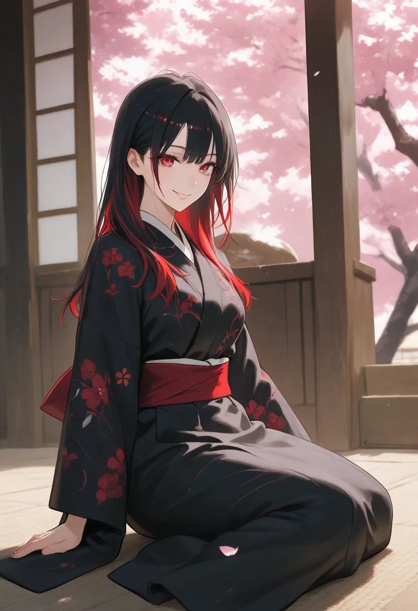 1 woman, long beautiful hair, black hair with red highlights, beautiful light red eyes, beautiful face, gentle expression with a warm smile, wearing a black Japanese kimono, sitting on the ground alone under a pink cherry tree.