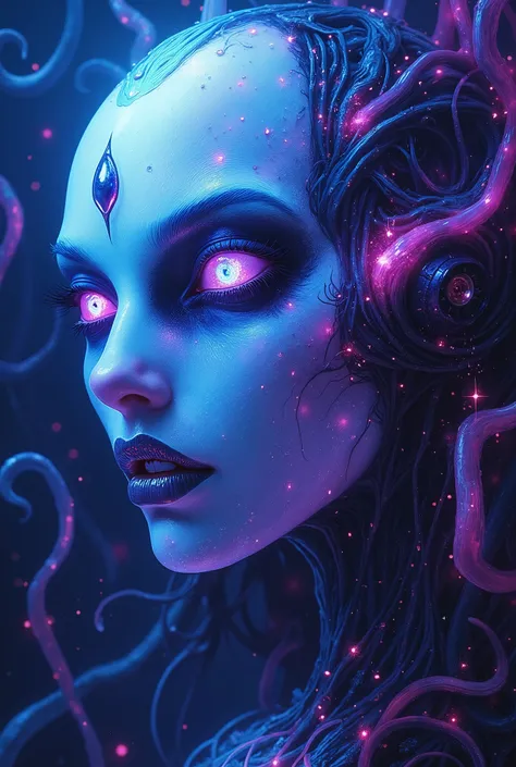 iridescent eyes, scary and sexy detailed art in color, Portrait, (beautiful and obscene female alien:1.4), (vulgarity1.7), (Translucent white skin:1.4), (There is a female genital-like organ in the middle of the forehead:2.3), (The most beautiful face in t...