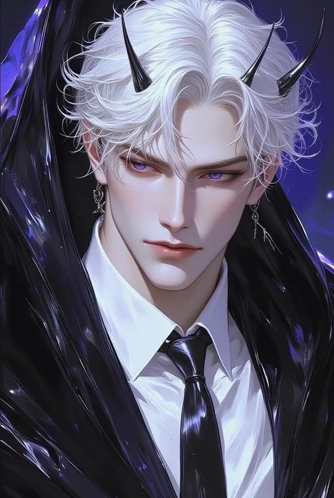  impasto , Cool Manga Style, high quality, very well detailed, VERY THIN LINE,   amazing color  , masterpiece, 1 person,  youth,  muscular,  handsome,    White Hair Big Eyes, devil, 肌が白いdevil。Image Color White Slightly Open Lips ,  handsome,  fashionable c...