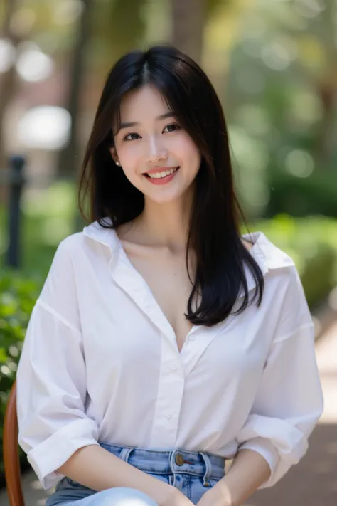 live-action, realistic:1.5, 8k, ((anatomically accurate, NSFW:1.3)), asian beauty, loose chest sexy shirt:1.5, look at me and smile, a woman's hands, elegant woman with long black hair wearing a loose fitting white shirt, relaxed facial expression, sitting...