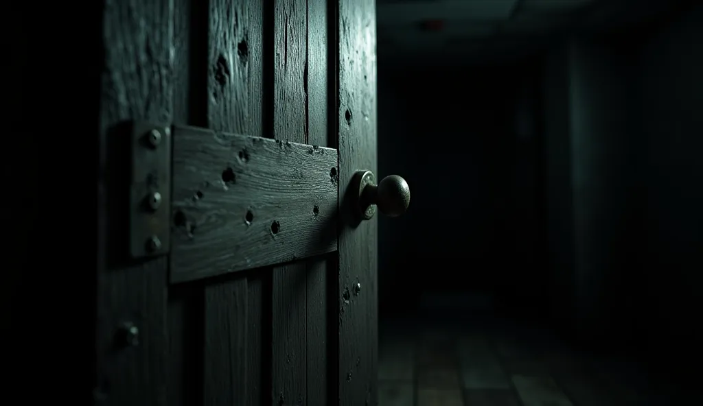 A close-up of a slightly ajar wooden attic door, with mysterious knocking sounds coming from behind it. The door looks old, scratched, and unsettling.